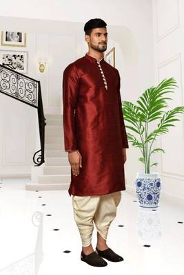 Maroon dupion silk plain full sleeve kurta and dhoti set for men 3