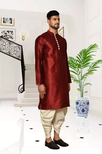 Maroon dupion silk plain full sleeve kurta and dhoti set for men