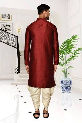 Maroon dupion silk plain full sleeve kurta and dhoti set for men 4