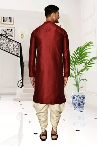 Maroon dupion silk plain full sleeve kurta and dhoti set for men