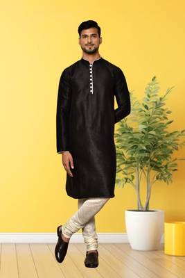 Black dupion silk plain full sleeve kurta and churidar set for men 1