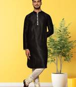Black dupion silk plain full sleeve kurta and churidar set for men