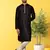 Black dupion silk plain full sleeve kurta and churidar set for men