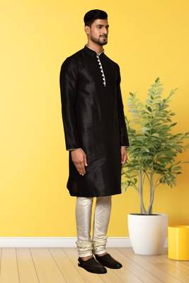 Black dupion silk plain full sleeve kurta and churidar set for men 2