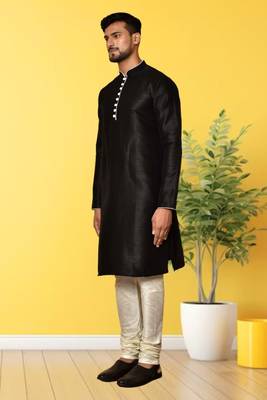 Black dupion silk plain full sleeve kurta and churidar set for men 3