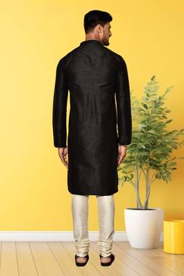 Black dupion silk plain full sleeve kurta and churidar set for men 4
