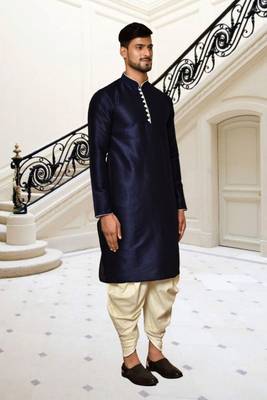 Navy blue dupion silk plain full sleeve kurta and dhoti set for men 1