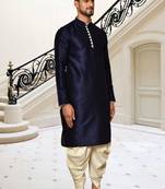 Navy blue dupion silk plain full sleeve kurta and dhoti set for men
