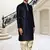 Navy blue dupion silk plain full sleeve kurta and dhoti set for men