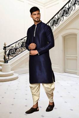 Navy blue dupion silk plain full sleeve kurta and dhoti set for men 2