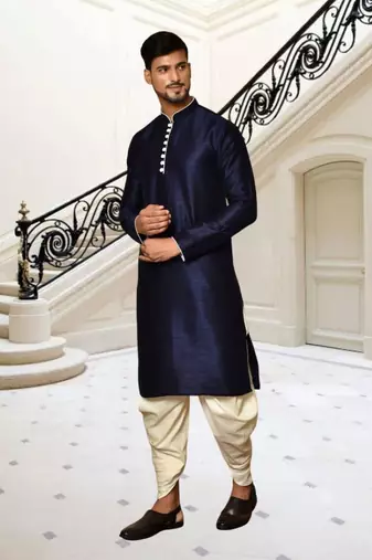 Navy blue dupion silk plain full sleeve kurta and dhoti set for men