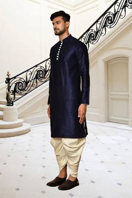 Navy blue dupion silk plain full sleeve kurta and dhoti set for men 3