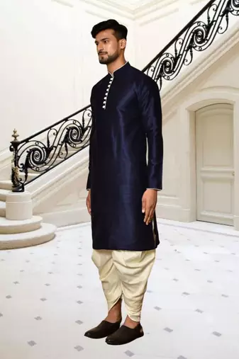 Navy blue dupion silk plain full sleeve kurta and dhoti set for men