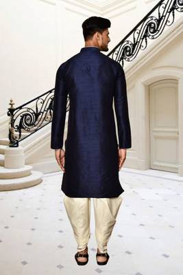 Navy blue dupion silk plain full sleeve kurta and dhoti set for men 4