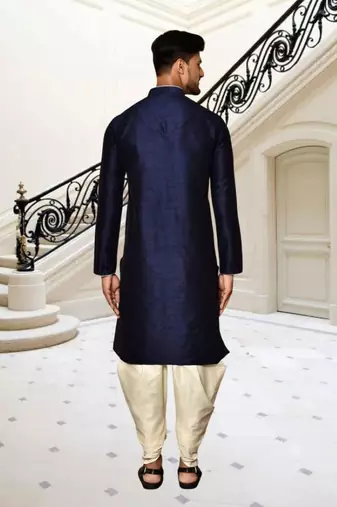 Navy blue dupion silk plain full sleeve kurta and dhoti set for men