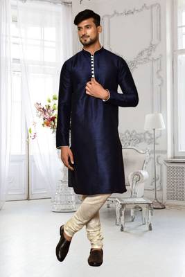 Navy blue dupion silk plain full sleeve kurta and churidar set for men 1
