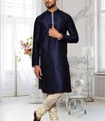 Navy blue dupion silk plain full sleeve kurta and churidar set for men