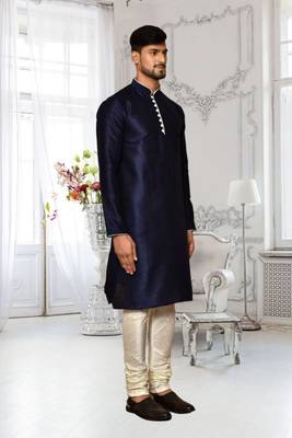 Navy blue dupion silk plain full sleeve kurta and churidar set for men 2