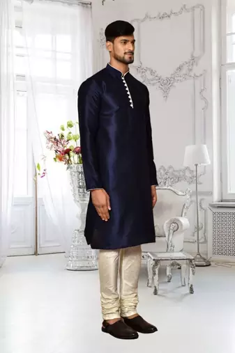 Navy blue dupion silk plain full sleeve kurta and churidar set for men