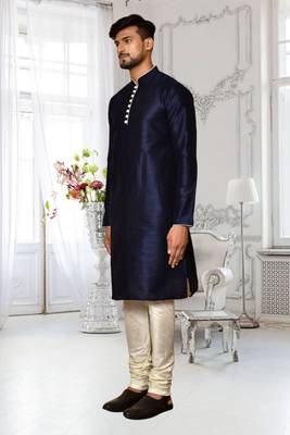 Navy blue dupion silk plain full sleeve kurta and churidar set for men 3