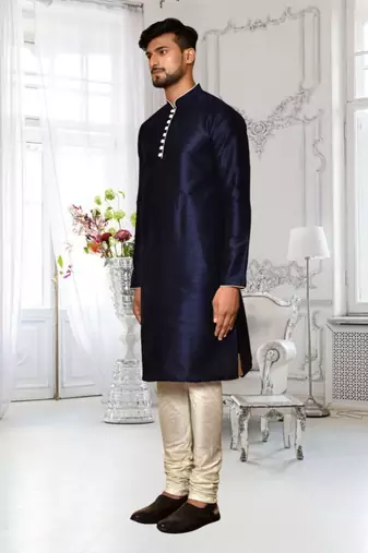 Navy blue dupion silk plain full sleeve kurta and churidar set for men