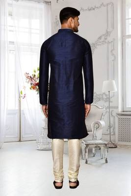 Navy blue dupion silk plain full sleeve kurta and churidar set for men 4