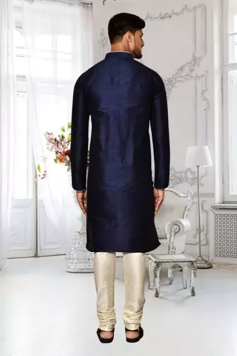 Navy blue dupion silk plain full sleeve kurta and churidar set for men