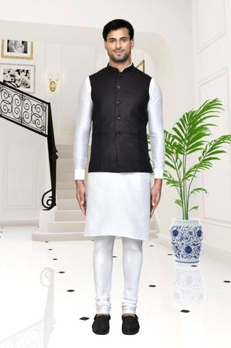 Off white dupion silk plain full sleeve kurta and churidar set with black jacket for men