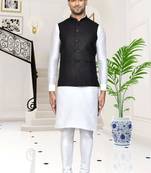 Off white dupion silk plain full sleeve kurta and churidar set with black jacket for men