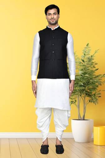 Off white dupion silk plain full sleeve kurta and dhoti set with black jacket for men