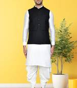 Off white dupion silk plain full sleeve kurta and dhoti set with black jacket for men