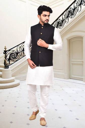 Off white dupion silk plain full sleeve kurta and dhoti set with brown jacket for men