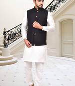 Off white dupion silk plain full sleeve kurta and dhoti set with brown jacket for men