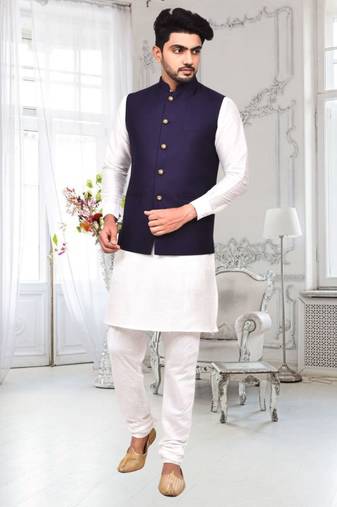 Off white dupion silk plain full sleeve kurta and dhoti set with navy blue jacket for men
