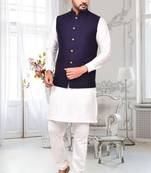 Off white dupion silk plain full sleeve kurta and dhoti set with navy blue jacket for men
