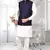 Off white dupion silk plain full sleeve kurta and dhoti set with navy blue jacket for men