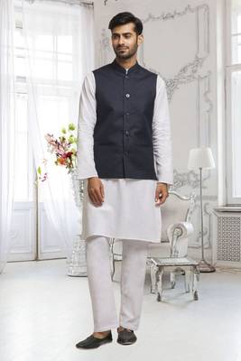 Off white dupion silk plain full sleeve kurta and dhoti set with black jacket for men 1