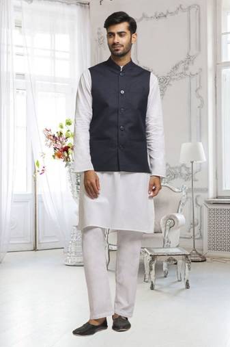 Off white dupion silk plain full sleeve kurta and dhoti set with black jacket for men