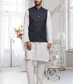 Off white dupion silk plain full sleeve kurta and dhoti set with black jacket for men