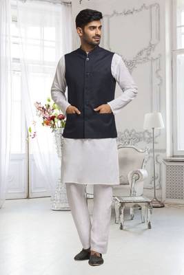 Off white dupion silk plain full sleeve kurta and dhoti set with black jacket for men 2