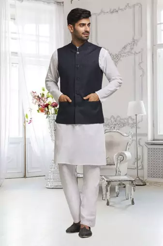 Off white dupion silk plain full sleeve kurta and dhoti set with black jacket for men