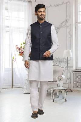Off white dupion silk plain full sleeve kurta and dhoti set with black jacket for men 3