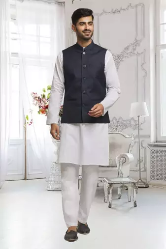 Off white dupion silk plain full sleeve kurta and dhoti set with black jacket for men