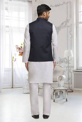 Off white dupion silk plain full sleeve kurta and dhoti set with black jacket for men 4