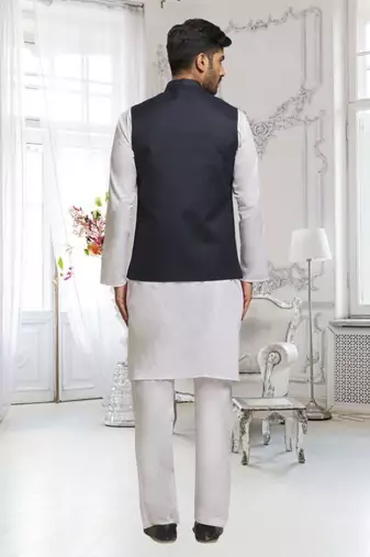 Off white dupion silk plain full sleeve kurta and dhoti set with black jacket for men