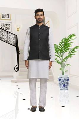 Off white dupion silk plain full sleeve kurta and dhoti set with black jacket for men 1