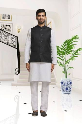 Off white dupion silk plain full sleeve kurta and dhoti set with black jacket for men