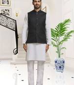 Off white dupion silk plain full sleeve kurta and dhoti set with black jacket for men