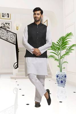 Off white dupion silk plain full sleeve kurta and dhoti set with black jacket for men 2