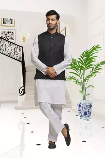 Off white dupion silk plain full sleeve kurta and dhoti set with black jacket for men
